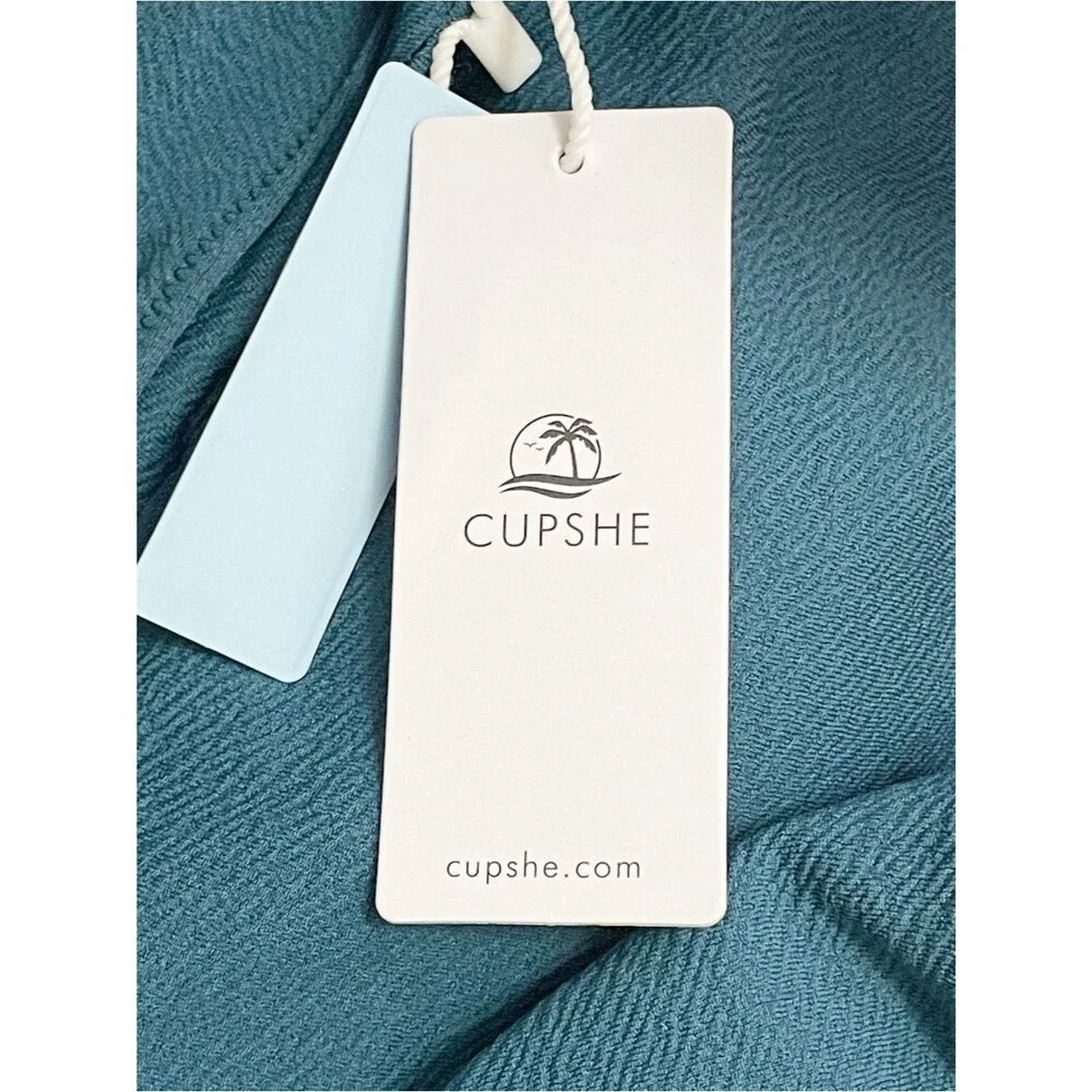 NWT Cupshe Bikini Set M Teal One Shoulder Scallop Edge Textured 2 Piece Swimsuit